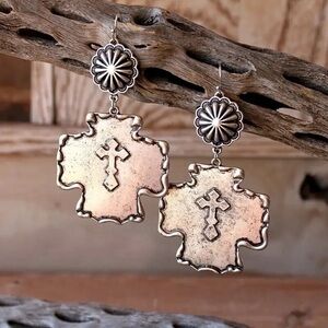 Western Chic Cross Dangle Earrings - Women Jewelry, Silver tone